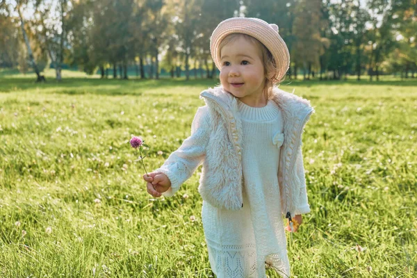 Menina Andando Parque Com Trevo Mão — Fotografia de Stock