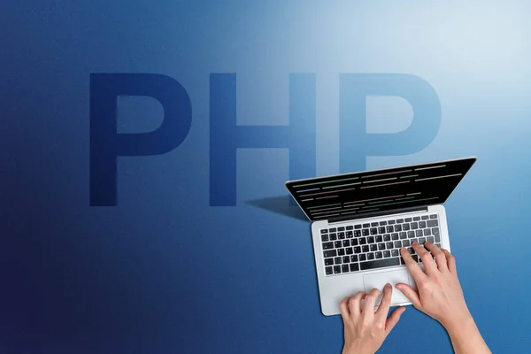 Programming language php code with person and laptop.