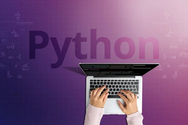 The popular Python programming language with a person behind a laptop.