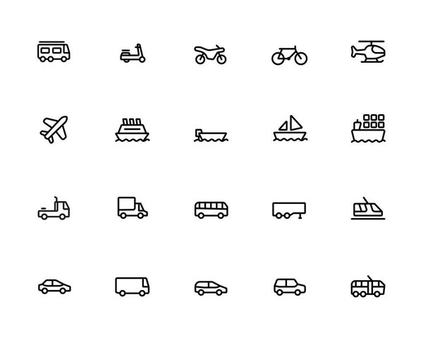 Различные иконки контура транспорта иконки изолированы на белом фоне.