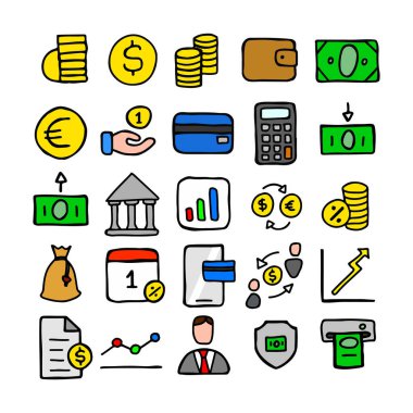 Finansal ve bankacılık simgeleri konsepti el çizimi karalama yalnız