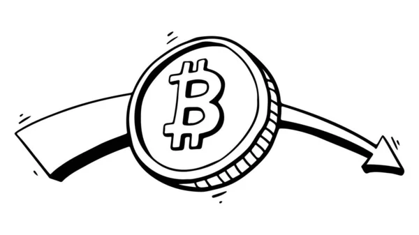 Bitcoin Moneda Criptomoneda Con Gráfico Flecha Que Cae Estilo Garabato — Vector de stock