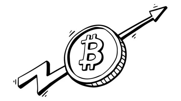 Bitcoin Moneda Criptomoneda Con Gráfico Crecimiento Flecha Estilo Garabato Aislado — Vector de stock