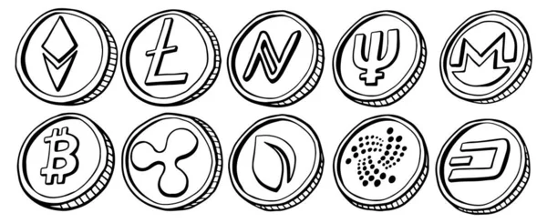 Conjunto Monedas Con Criptomoneda Estilo Doodle Aislado — Vector de stock