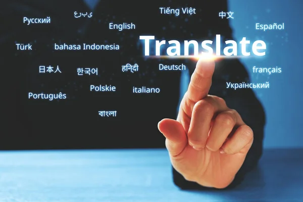 Person Abstractly Presses Display Word Translate Foreign Languages — Stock Photo, Image