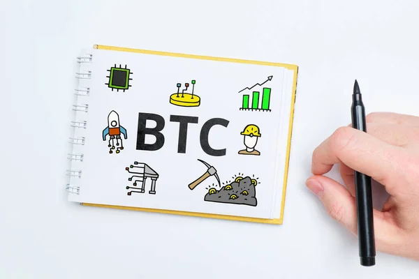 Concepto Criptomoneda Bitcoin Btc Con Iconos Abstractos — Foto de Stock