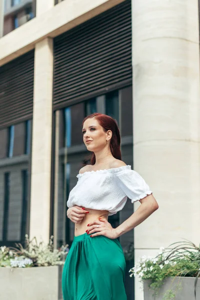 Portrait Happy Red Haired Girl Summer Clothes Looking Side — Stock Photo, Image