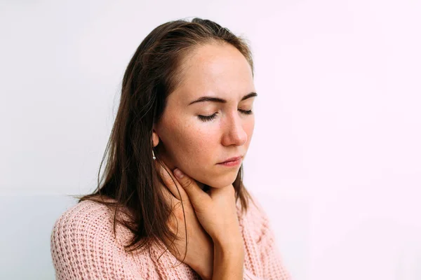 Caucasian Woman Has Cold Holds Sore Throat Neck — Stock Photo, Image