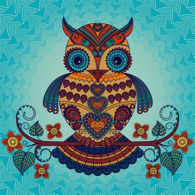 Çiçekli bir dalda oturan baykuşun vektör çizimi. Mavi arka planda etnik tarzda parlak dekoratif baykuş.