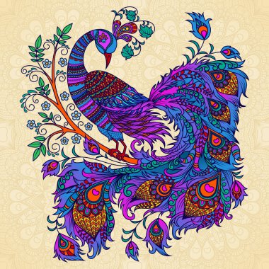 Vektör çizimi. Bej arka planda dekoratif ateş kuşu. Parlak bir peri kuşu, Anka kuşu çiçekli bir dalda.