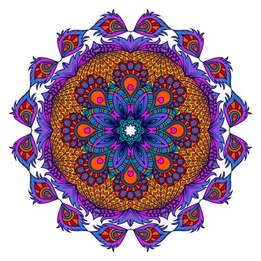 Vektör çizimi. Tavus kuşu tüylerinin mandala 'sı. Kaleydoskop, doğu tarzında dekoratif tüyler..