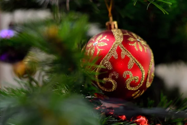 Rode bal op de kerstboom — Stockfoto