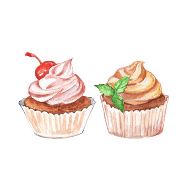 Cupcakes. 1 ayarlayın. Suluboya tatlı, beyaz arka plan üzerinde izole