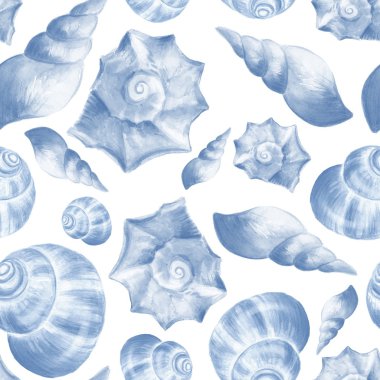 Deniz kabuklarını. Mavi suluboya. Seamless Modeli 1