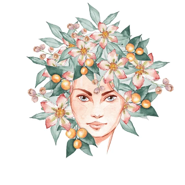 Yaz yüz. Güzel kadın yüzü ve çiçekler. Sulu Boya resimde 1 çizilmiş