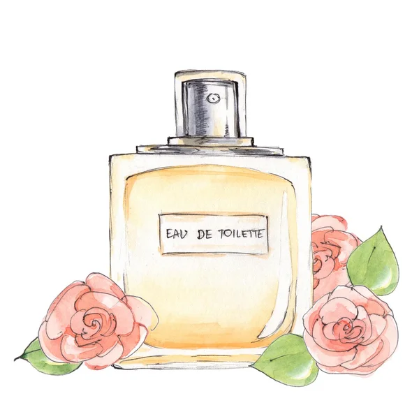 Parfüm şişe. Mürekkep ve suluboya 6 eskiz. Beyaz arka plan üzerinde izole