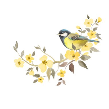 Bunu uçakta çiçek şube. Suluboya resim. Tasarım için öğe. Beyaz izole