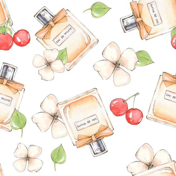 Bir şişe parfüm ve çiçekler. Seamless modeli 6. Elle çizilmiş moda arka plan