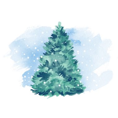 Yeşil çam ağacı ve kar. Kış arka plan. Suluboya resim