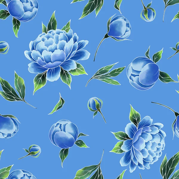 Peonies seamless floral pattern on blue background