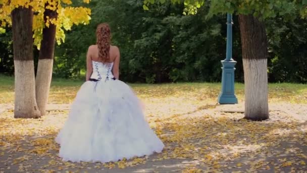 Outono, folhas amarelas, desfoliação, noiva, vestido branco — Vídeo de Stock