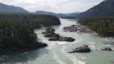 Güzel dağ nehri Katun ve Altai kayaları