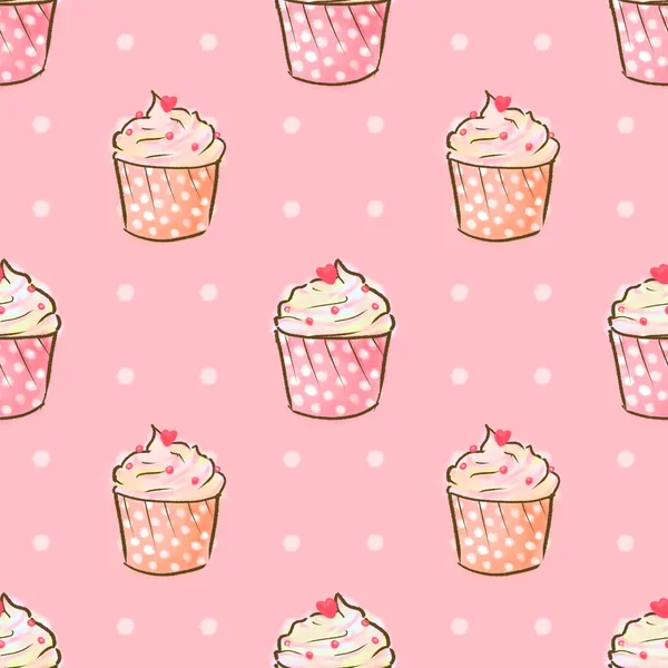 Die Digitale Malerei Von Rosa Cupcakes Nahtlose Muster Hintergrund Illustration — Stockfoto