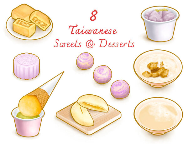Цифровая картина из 8 тайваньских сладостей и десертов, Тайвань вкусные блюда меню коллекции набор изометрических иконок растровой иллюстрации на белом фоне.