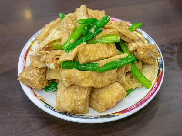 Close Pele Tofu Frito Tradicional Taiwan Folha Coalhada Feijão Comida — Fotografia de Stock