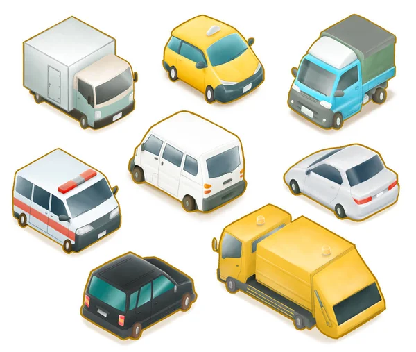 Cute Car Collection Set All Digital Painting Container Lorry Garbage — Stock Photo, Image