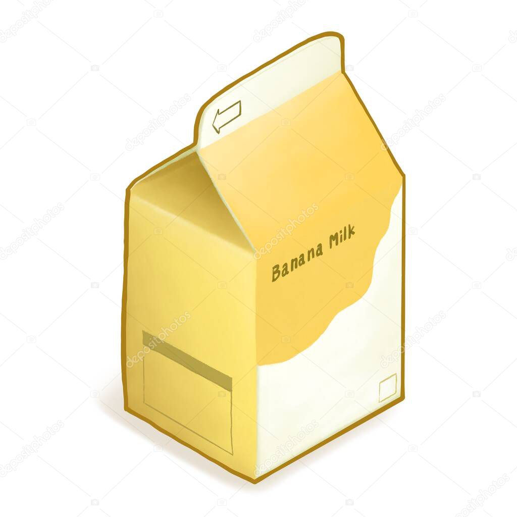 Banana milk drink, a digital painting of yellow paper box packaging of sweet fruit milky beverage isometric cartoon icon raster 3D illustration on white background.