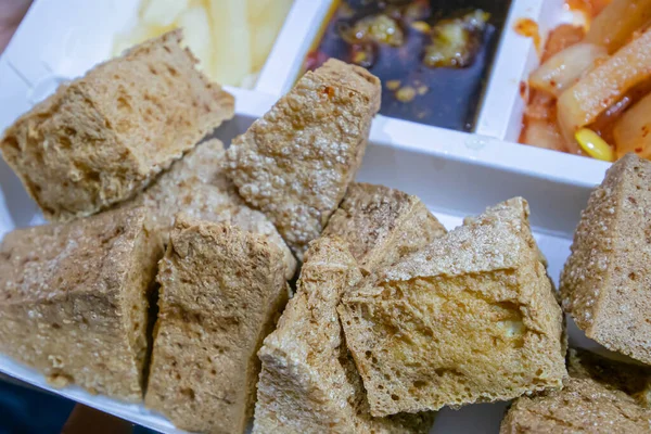 Stinky Tofu Close Taiwanese Traditional Deep Fried Beancurd Street Food — Stock Photo, Image