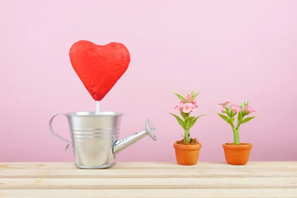 Küçük gümüş sulama olabilir ve ahşap tepsi üzerinde kahverengi bitki tencerede mini sahte çiçek kırmızı başarısız çikolata kalp sopayla