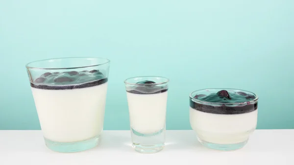 La sabrosa panna cotta casera de arándanos (postre de pudín italiano) en el vaso pequeño — Foto de Stock