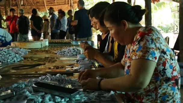 Mekong Delta, Vietnam-2015: vietnamesiska fabriksarbetare som arbetar med händer — Stockvideo