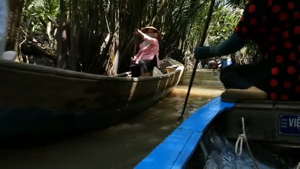 MEKONG DELTA, VIETNAM - 2015: Senhora vietnamita barco sul do Vietnã — Vídeo de Stock