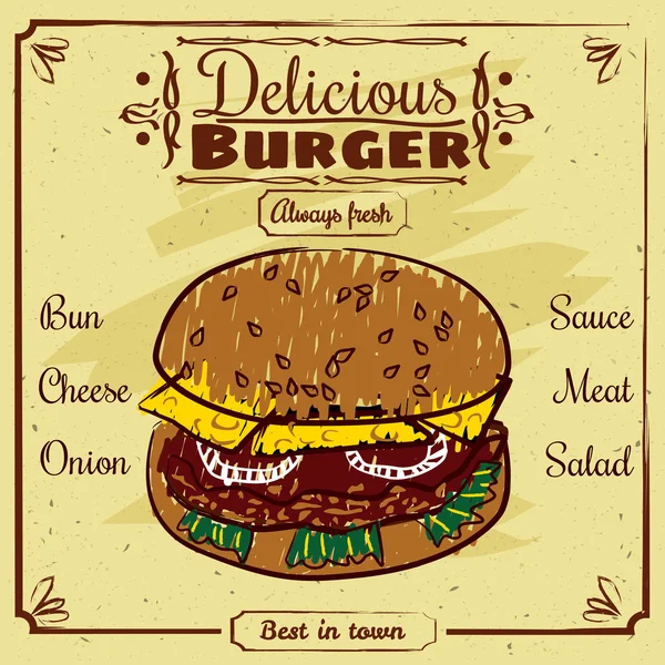 Вкусный бургер, винтаж, уличная еда, баннер, векторная иллюстрация — стоковый вектор