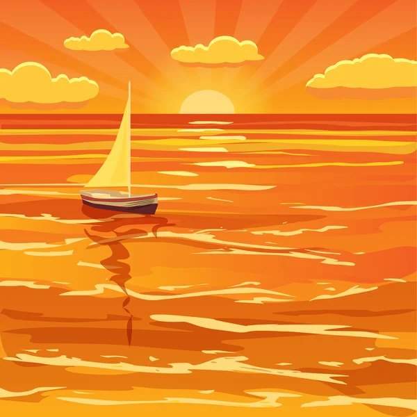 Прекрасний морський захід сонця, хвилі, вітрильний човен, хмари — стоковий вектор
