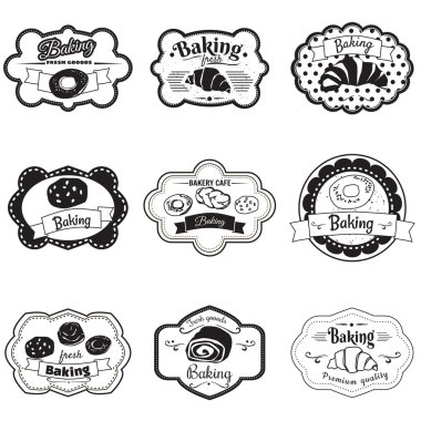 Set çerçeveleri pasta, kruvasan, rulo, ekmek, illüstrasyon, vektör