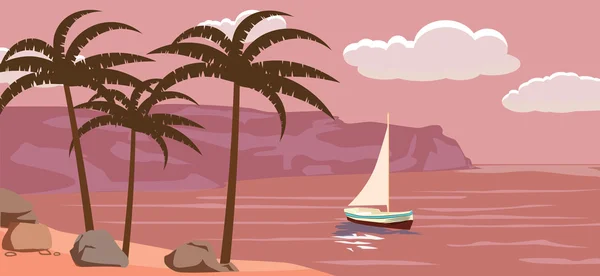 Paisaje marino, velero, palmeras, ilustración vectorial — Vector de stock