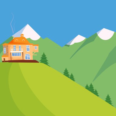 Yaz, yatay, yeşil alan, bir orman ve dağlar bir mavi gökyüzü üzerinde ahşap evde
