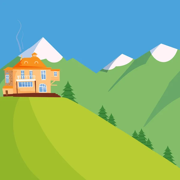 Літній пейзаж із зеленим полем, дерев'яний будинок у лісі та горах на блакитному небі — стоковий вектор