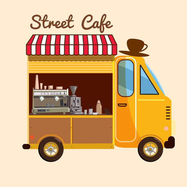 Street food, café, dessin animé, voiture, illustration vectorielle — Image vectorielle