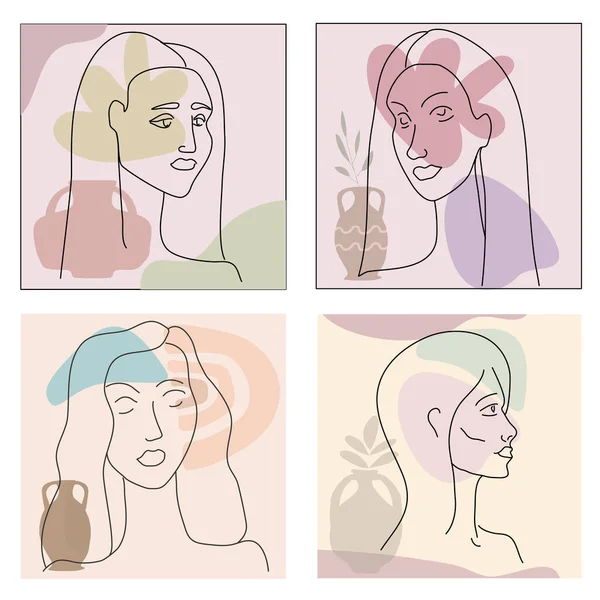Set Womans line ztvárnit v moderním minimalistickém stylu trendy. Abstraktní tvar pastelové teplé barvy, květiny, váza. Upravitelný obrys — Stockový vektor