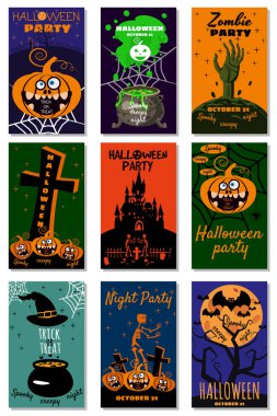 Cadılar Bayramı tebrik kartı hazırla neşeli balkabağı, örümcek, ağ, ölüler, cadı, mezarlık. Şablon afişi, el ilanı, poster