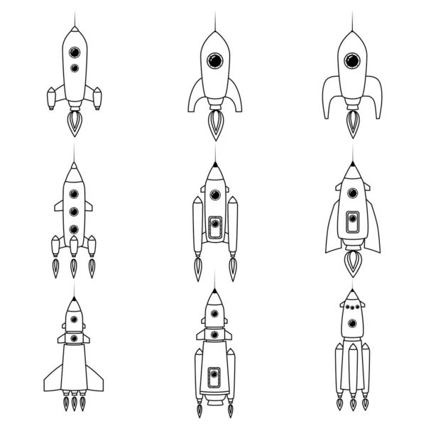 ロケット宇宙船のレトロアイコンラインを設定します。ベクトル図 — ストックベクタ