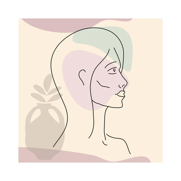 Portrate ligne femme dans le style minimaliste moderne à la mode. Forme abstraite pastel couleurs chaudes, fleurs, vase. Plan modifiable — Image vectorielle