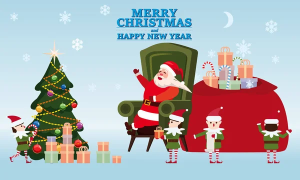 Feliz Navidad y Feliz Año Nuevo Santa Claus con sus ayudantes elfos y ciervos da regalos a los niños en su residencia. En condiciones de la pandemia COVID 2019 en máscaras médicas, distanciamiento social — Vector de stock