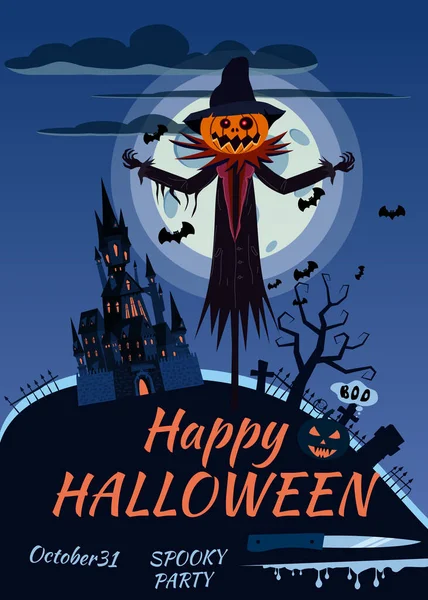 Personaje espantapájaros Halloween en el cementerio con una calabaza Jack O Lantern cabeza en abrigo rasgado. Aislado sobre fondo blanco estilo de dibujos animados — Vector de stock