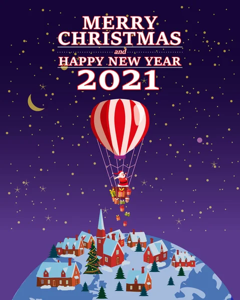 Santa Claus Van s textem Veselé Vánoce a šťastný Nový rok 2021 létání v horkovzdušném balónu doručující dárky na noc zimní město — Stockový vektor